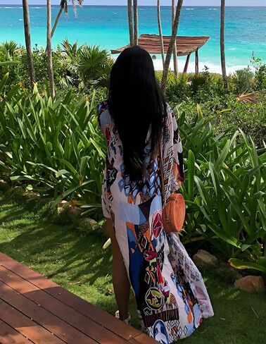 Over Sized Kimonos Women's Geometry Print Rayon Kimonos for Summer Loose Open Front Soft Long Bird in Kuwait
