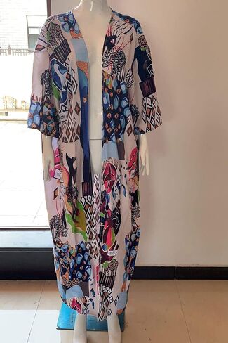 Over Sized Kimonos Women's Geometry Print Rayon Kimonos for Summer Loose Open Front Soft Long Bird in Kuwait
