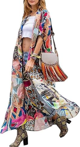 Over Sized Kimonos Women's Geometry Print Rayon Kimonos for Summer Loose Open Front Soft Long Bird in Kuwait