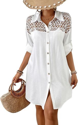 Bsubseach Womens Swimsuit Coverup Button Down Shirt Dresses Hollow Out Crochet Long Sleeve Cover Ups Swimwear in Saudi Arabia