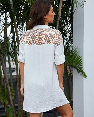 Bsubseach Womens Swimsuit Coverup Button Down Shirt Dresses Hollow Out Crochet Long Sleeve Cover Ups Swimwear in Saudi Arabia