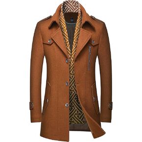 INVACHI Mens Wool Blend Coat Warm Winter Trench Coat with Detachable Soft Scarf Single Breasted Overcoat