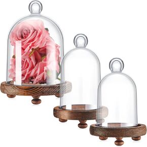 3 Pcs Plastic Cloche Dome with Wooden Base, Clear Bell Shape Dome 5"/4.7"/3.9" Cloche Dome for Display Various Antique Collectibles Plants Specimens Women Decorations Accessories (Small)