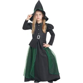 IKALI Girls Black Witch Costume with Hat, Classic Black Witch Dress up for Toddlers Kids
