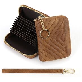 Wristband Set Credit Card Holder Wallet RFID Blocking Leather Small Wallet for Women Zipper Keychain Wallet with Wristlet (White and Brown)