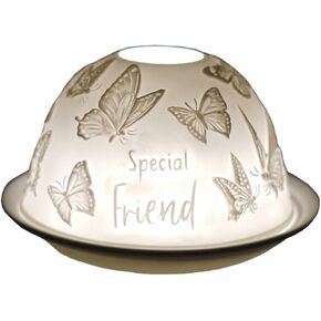 Cello Porcelain Tealight Holder Dome, Special Friend Butterfly Design, A Candle Holder Projecting a Loving Message. Use with tealights or LEDs. Sentimental Special Friend Gifts for Christmas.