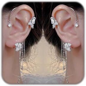 2PCS Butterfly Ear Cuff Earrings Gold Silver Butterfly Zircon Earring for Women No Piercing Butterfly Tassel Chain Rhinestone Dangle Earrings Bridal Wedding Climber Ear Wrap Prom Jewelry Gifts