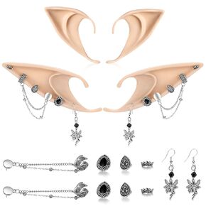 FRESHME Elf Ears with Cuff Earrings Set - Soft Pointed Elf Ears with Non-Pierced Silver Chain Butterfly Ear Clips for Women s Anime Party Christmas Renaissance Halloween Custome Cosplay Accessories Photo Props