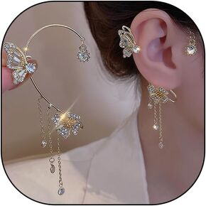 Butterfly Zircon Ear Cuff Earrings for Women,14K Gold Sparkling Rhinestone Tassels Earrings Non Piercing Clip On Wrap Climber Crawler Earrings