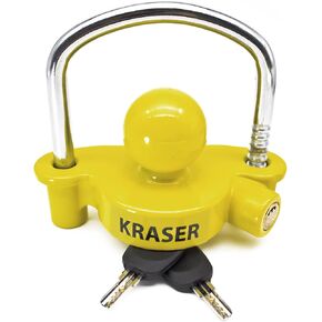 قفل مقرنة المقطورة KRASER KR815، مفتاح أمان عالي منحني مضاد للحفر، فولاذ مقوى عالي التحمل، أصفر ساطع أكثر رادعًا، أمان تخزين قابل للتعديل، وصلة ربط الكرة لأقفال المقطورة