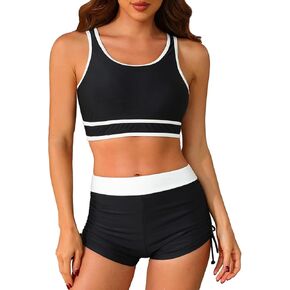 Holipick Women's Sporty Bikini Sets Two Piece Color Block Swimsuit Bathing Suits with High Waisted Boy Shorts Bottom