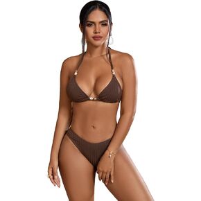 Women's 2 Piece Solid Ribbed Knit Bikini Halter Tie Side Triangle Set High Cut Bikini Swimsuit Bathing Suit
