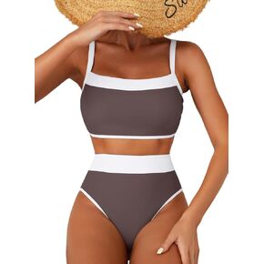 Herseas Women's Two Tone Patchwork Bikini Sets U Neck Swimsuit High Waisted Bathing Suit