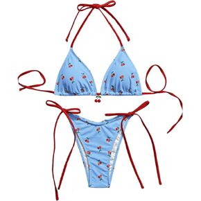 WDIRARA Women's 2 Piece Swimsuit Cherry Print Bikini Set Halter Triangle Bikini Side Tie String Bathing Suits