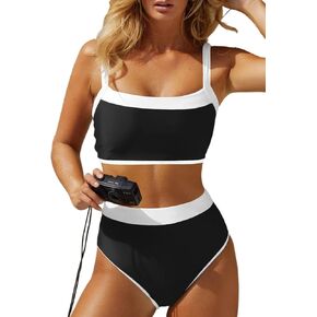 Herseas Women's Two Tone Patchwork Bikini Sets U Neck Swimsuit High Waisted Bathing Suit in Kuwait