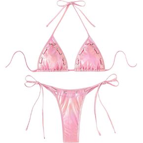 SOLY HUX Bathing Suit for Women Metallic Bikini Halter Triangle Top Two Piece Swimsuit Tie Side Thong Swimwear