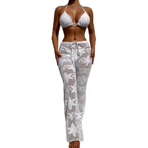 SherryDC Women's 3 Pieces Swimsuit Fishnet Self Tie Triangle Bikini Set Bathing Suit with Mesh Cover Up Pants