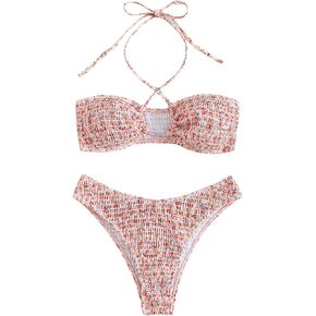 Women's 2 Piece Set Floral Print Smocked Halter Bikini Sets Swimsuits Bathing Suits