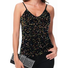 Anna-Kaci Womens Sleeveless Sequin Tops V Neck Sparkle Spaghetti Strap Cami Tank Top Shirt