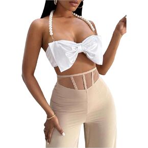 SOLY HUX Women's Pearls Beaded Halter Bow Front Cami Crop Tops Sexy Camisole