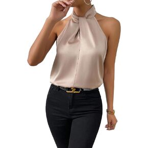 SweatyRocks Womens Elegant Twist Front Halter Sleeveless Satin Blouse Keyhole Back Tank Top