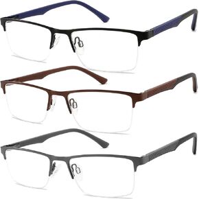 3 Pack Reading Glasses for Men Blue Light Blocking with Spring Hinge,Stylish Metal Half Frame Mens Computer Readers (+1.5 Strength)