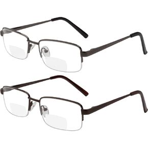 Yogo Vision Reading Glasses Set of 2 Bifocal Half Rim Metal Glasses for Reading Quality Spring Hinge Readers Men and Women Set of Gunmetal and Brown 2.5