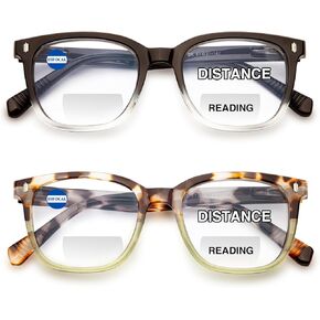 2 Pack Bifocal Reading Glasses for Women Clear Top Oversized Blue Light Blocking Square Computer Readers Spring Hinge