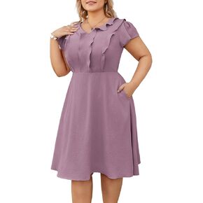 Hanna Nikole Women Plus Size Flounce Sleeve A-Line Casual Midi Dress with Pockets Elastic Empire Waist Flowy Dresses