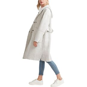 Womens Hooded Overcoat Winter Lapel Collar Trench Coat Snap Button Peacoat Outwear Greatcoats with Pockets