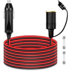 ALITOVE 12AWG Cigarette Lighter Extension Cord 16.4FT 30A 360W Heavy Duty Car Charger Cable 12V 24V Male to Female Socket Adapter with 2 Spare Fuses for Portable Fridge Tire Pump Air Compressor Vacuum