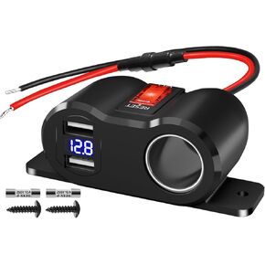 120W Dual QC3.0 Outlet Cigarette Lighter Socket Splitter with LED Voltmeter/Rocker, 12V Car Charger Power Adapter Replacement Plug Female for RV Marine Boat Motorcycle Truck ATV UTV Van (3*10A Fuse)