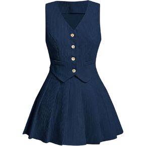 WDIRARA Women's 2 Piece Elegant V Neck Sleeveless Button Down Suit Vest and Pleated Skirt Outfit Set