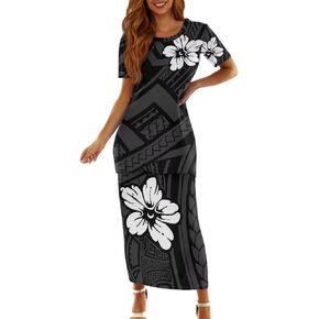 Puletasi Polynesian Tribal Clothing Two Piece Skirt Set for Women Outfits Short Sleeve Top High Waist Midi Skirt