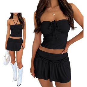 Two Piece Skirt Set for Women Sexy Y2k Going Out Bandeau Crop Tube Top Low Rise Mini Skirt Set Club Outfits Skorts