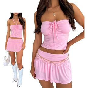 Two Piece Skirt Set for Women Sexy Y2k Going Out Bandeau Crop Tube Top Low Rise Mini Skirt Set Club Outfits Skorts