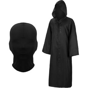 Toulite 2 Pcs Tunic Hooded Robe and Full Face Mask Halloween Hood Mask and Black Robe for Halloween Cosplay Costume