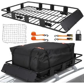Rooftop Cargo Basket 64" x 39" Steel Universal Roof Rack Basket with Cargo Carrier Bag,Roof Rack Accessories,Adjustable to 48"x 39",200 Lbs Capacity,Car Roof Basket for SUV, Truck,Vehicle