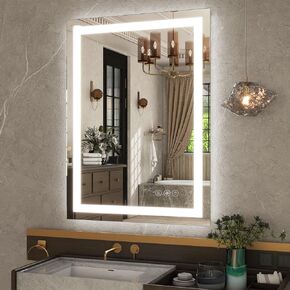 GLSLAND 26"x38" LED Lighted Bathroom Mirror Dimmable Wall Mirrors with Anti-Fog LED Bathroom Mirror 2 Dimmable Light Colors LED Mirror Hangs Horizontally or Vertically