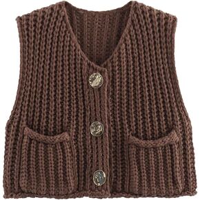 Women Button Down Oversized Cropped Knitted Sweater Vest Sleeveless Casual Open Front Chunky Knit Top with Pocket