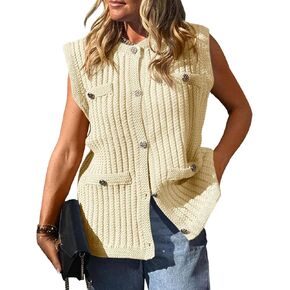 PEHMEA Women's Crochet Chunky Knit Top Sleeveless Button Down Tops Trendy Cardigan Sweater Vest for Women