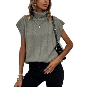 SweatyRocks Women's Turtleneck Sweater Vest Cap Sleeve Loose Cable Knit Vest Tops