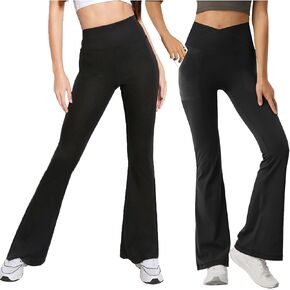 Bundle of Flared Leggings for Girls Size 8-9 Years Old Solid Black Four Way Stretch Bootcut Yoga Pants with Pockets