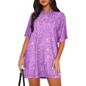 Women's Crew Neck Sequin Dress for Women Sexy V Neck Shirt Dress Sparkly Half Sleeve Loose Party Club Cocktail Dress