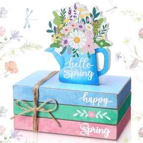 Burbell Hello Spring Tiered Tray Decor Flower Book Stack Decor Spring Farmhouse Decor for Home Happy Sping Table Centerpieces Entryway Home Decor for Spring Easter Living Room Bedroom Gift