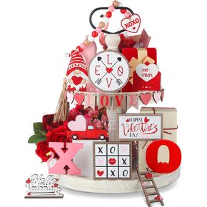 Maitys 21 Pcs Valentine's Day Tiered Tray Decor Set Happy Valentine's Day Gnome Truck Wood Sign Rustic Farmhouse Decor Heart Tag Wood Bead Decorative Tabletop Sign for Valentine Day Table Holiday
