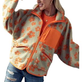Yeokou Women Floral Jacket Winter Sherpa Fleece Coat Daisy Jacquard Stand Collar Full Zip-Up Pockets Warm Lining Outwear