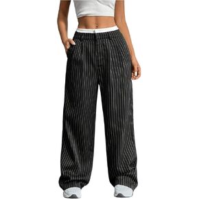 SOLY HUX Women's Striped Pants Color Block High Waisted Wide Leg Casual Work Office Long Trousers
