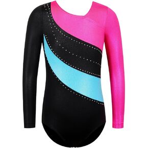 BAOHULU Leotards for Girls Gymnastics Long Sleeve Embroidery Shiny Black Diamond Dance Clothes