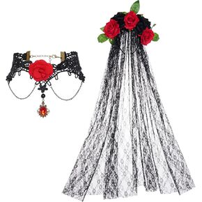 Day of The Dead Headpiece, Rose Crown Floral Veil Halloween Costumes Accessories Headband